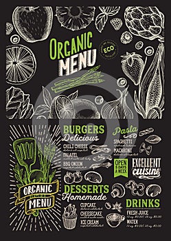 Vegan menu food template for restaurant with doodle hand-drawn graphic