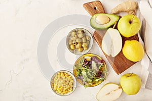 Vegan menu for low carb, FODMAP diet food. Vegetables, fruits, greens, olives. Healthy lifestyle. photo