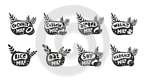 Vegan milk, black stickers set for packaging design. Hand drawn lettering with nuts, beans, leaves, sprigs