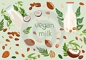 Vegan milk essentials, Non dairy, plant based beverages in bottel glass, ideal for a wholesome diet. Organic, lactose