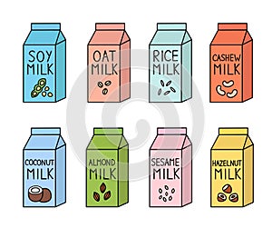 Vegan milk set. Almond, soybean, rice, hazelnut, coconut, cashew, sesame, oat. Plant milk and nuts