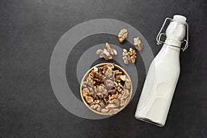 Vegan milk from walnuts ondark background with copy space, top view photo