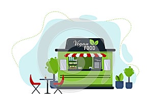 Vegan mobile cafe in the city. Fast food truck in cartoon style