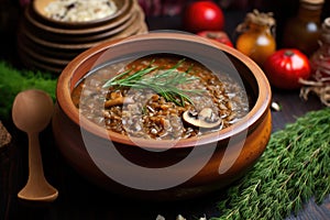 vegan mushroom barley soup in a wooden bowl