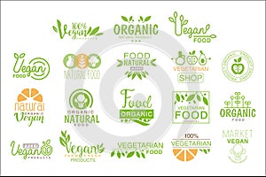 Vegan Natural Food Set Of Template Cafe Logo Signs In Green, Orange Colors Promoting Healthy Lifestyle And Eco Products