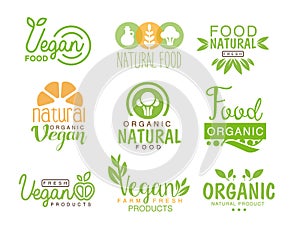 Vegan Natural Food Set Of Template Cafe Logo Signs In Green, Orange Colors Promoting Healthy Lifestyle And Eco Products