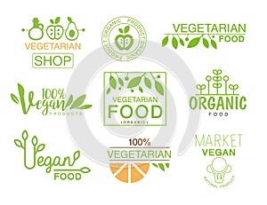 Vegan Natural Food Set Of Template Shop Logo Signs In Green And Orange Colors Promoting Healthy Lifestyle And Eco