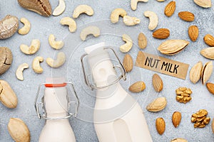 Vegan nut milk and various nuts. Ingredients for milk substitute