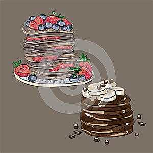 Vegan pancake with strawberries and blueberries and chocolate pancake with bananas and chocolate chips. Vegan, food, holiday. Isol