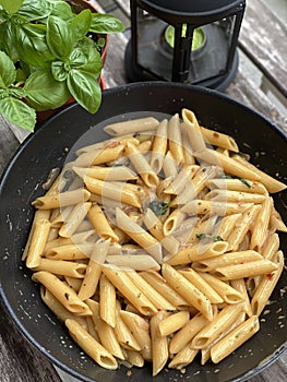 Vegan pasta penne with Basil