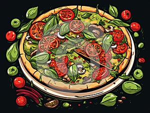 Vegan pizza with cherry tomatoes, mushrooms, vegan cheese and fresh basil on dark background. Vegetarian pizza illistration for