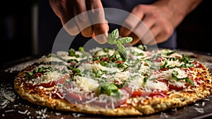 Vegan pizza with melted mozzarella cheese and tomato garnished with fresh basil on a thick crust. Chef\'s hands cookin