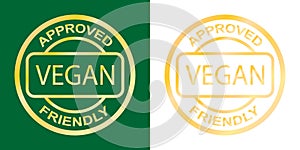 Vegan. Plant based vegeterian food product label. Gold round stamp. Logo or icon. Diet. Sticker.