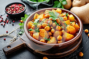 Vegan potato chickpea curry. Healthy vegetarian food concept