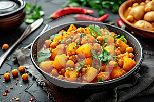 Vegan potato chickpea curry. Healthy vegetarian food concept