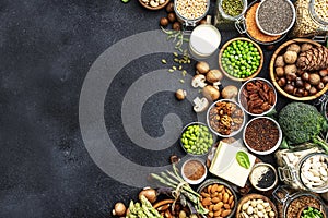 Vegan protein. Full set of plant based vegetarian food sources. Healthy eating, diet ingredients: legumes, beans, lentils, nuts,