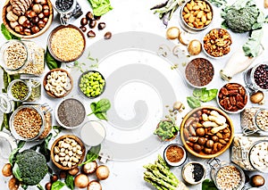 Vegan protein. Full set of plant based vegetarian food sources. Healthy eating, diet ingredients: legumes, beans, lentils, nuts,