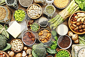 Vegan protein. Full set of plant based vegetarian food sources. Healthy eating, diet ingredients: legumes, beans, lentils, nuts,