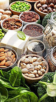 Vegan protein. Plant based vegetarian food sources. Healthy eating, diet ingredients: legumes, beans, nuts, alternative milk, tofu