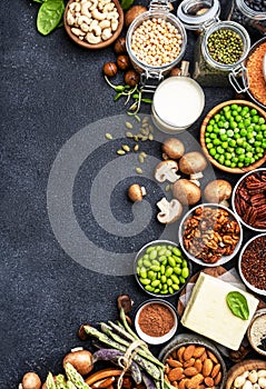 Vegan protein Plant based vegetarian food sources. Healthy eating, diet ingredients: legumes, beans, nuts, alternative milk, tofu