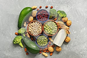 Vegan protein source. Healthy foods rich in protein for vegan and vegetarian, vegetables, milk, legumes, seeds, nuts on a gray