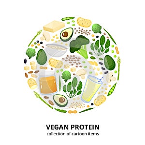 Vegan protein sources in circle.