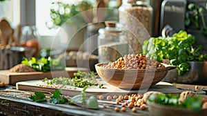 vegan protein sources such as legume seeds, soybeans, buckwheat, and nuts, showcased in an everyday life setting
