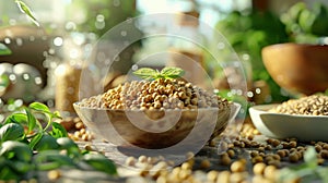 vegan protein sources such as legume seeds, soybeans, buckwheat, and nuts, showcased in an everyday life setting