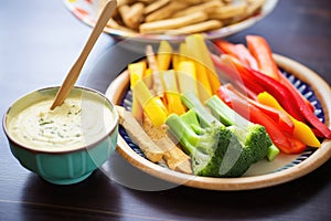 vegan queso dip with veggie sticks and gluten-free chips