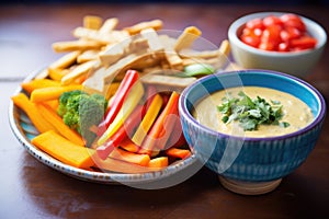 vegan queso dip with veggie sticks and gluten-free chips