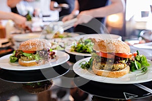 Vegan quinoa burger in a restaurant