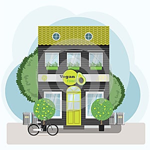 Vegan Restaurant exterior vector illustration. Flat design of facade. Cafe building concept. Grey two-story restaurant