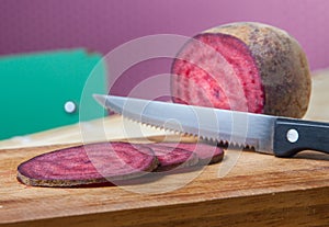 Vegan Salami, joking slices of red beet