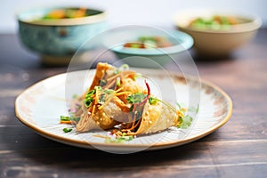 vegan samosas with coriander garnish on a ceramic plate