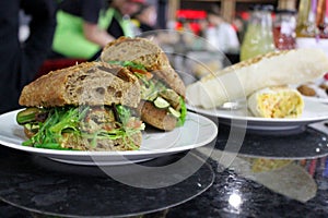 Vegan sandwich homemade bun. Plant based food concept. Healthy fast food