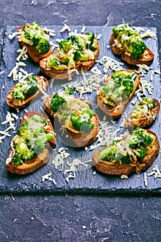 Vegan snack: broccoli melt sandwiches, top view