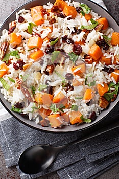 Vegan spiced pilaf with sweet potatoes, pecans, onions and dried cranberries close-up in a bowl on the table. Vertical top view