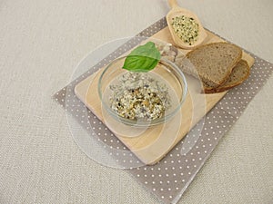 Vegan spread from peeled hemp seeds, nuts and herbs