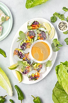 Vegan spring rolls served with peanut  dip, view from above