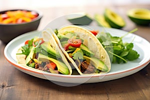 vegan style beef substitute taco with avocado slices