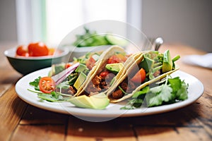 vegan style beef substitute taco with avocado slices