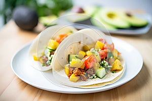 vegan style beef substitute taco with avocado slices