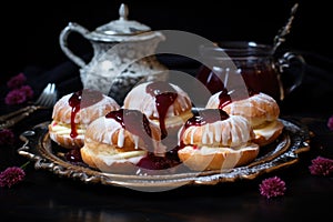 vegan sufganiyot filled with jelly on a ceramic tray