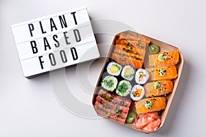 Vegan Sushi, Sashimi and Maki Rolls with Plant based seafood