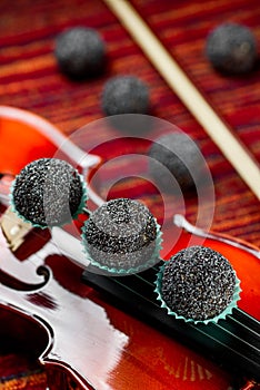 Vegan sweets, Raw food sweets with poppy seeds on a beautiful red violin close-up. Healthy sweets