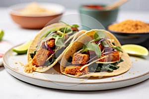 vegan taco with crispy tofu and shredded vegan cheese on a kitchen counter