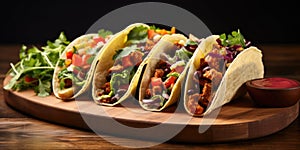 Vegan Tacos With Vegetables Presented On A Wooden Board Highlighting Plantbased And Vegetarian Meal Options