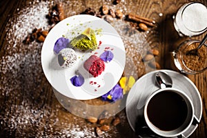 Vegan truffles dessert served on a plate in restaurant