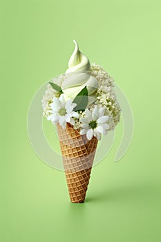 Vegan vanilla ice cream in waffle cone decorated with white flowers.
