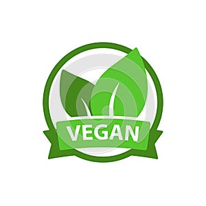 Vegan vector icon, eco bio logo, veggie stamp, natural product sign, flat design illustration isolated on white, green leaf